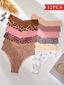 Women's Bikini Triangle Panties, Low Waist Adhesive Design, Seamless Smooth Leopard Print Underwear, Wave Edge Detailing, Pack Of 12 Pieces