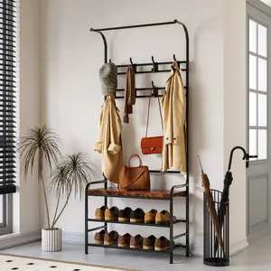 Hall Tree with Entryway Bench with Coat Rack Shoe Rack Bench, 3 in 1 Hall Tree with Bench and Shoe Storage, 3-Tier Storage Shelf and 8 Hooks, 23.6"(W) x 11.8"(D) x 70.1"(H)
