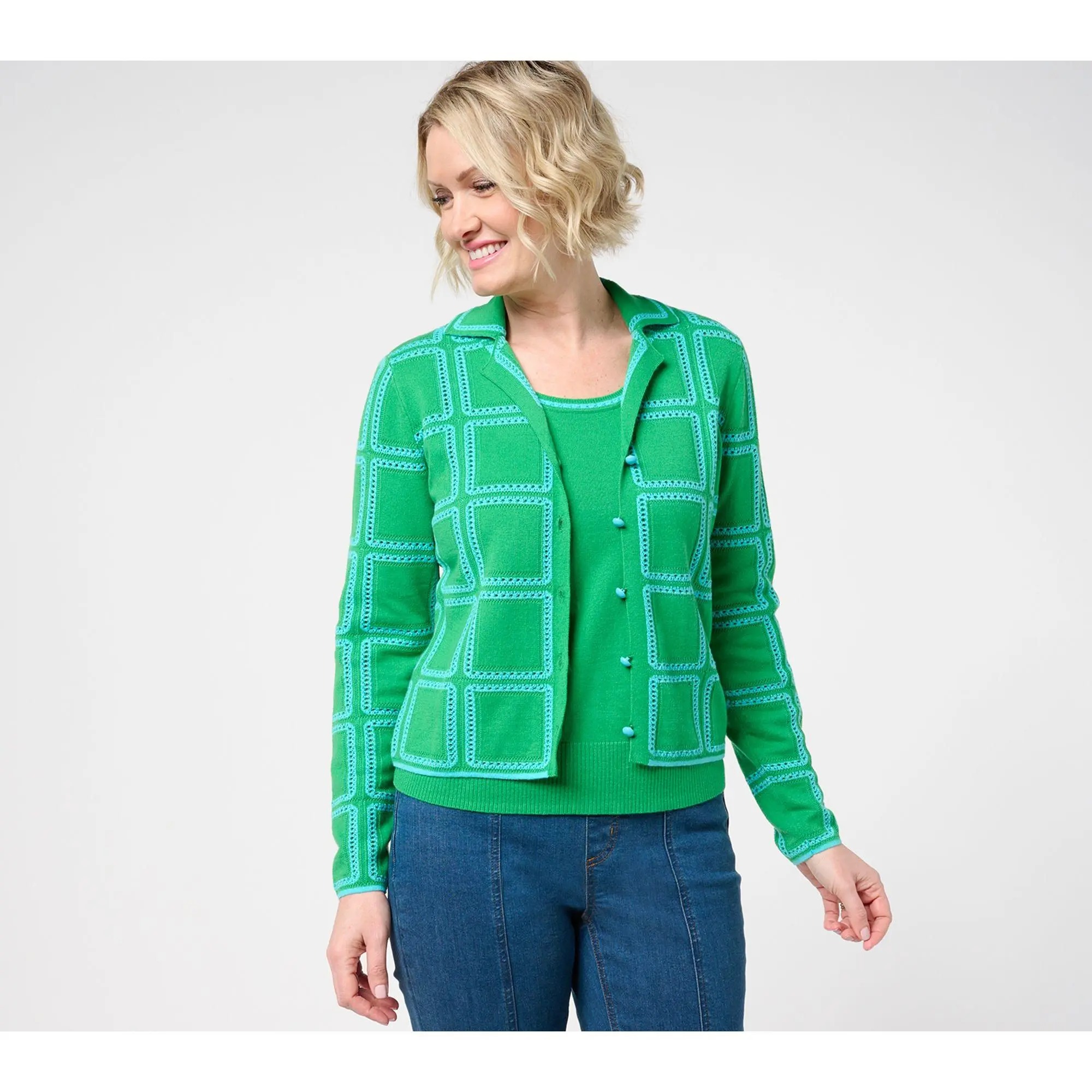 Isaac Mizrahi Live! Pointelle Check Sweater Cardigan with Collar