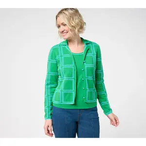 Isaac Mizrahi Live! Pointelle Check Sweater Cardigan with Collar Isaac Mizrahi Live! Pointelle Check Sweater Cardigan with Collar