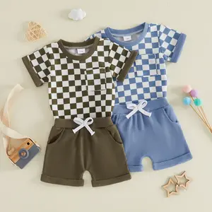 Babamoon Toddler Infant Baby Boy 2pcs Outfits Set Plaid Short Sleeve Round Neck Romper Tops and Shorts Summer Clothes Set
