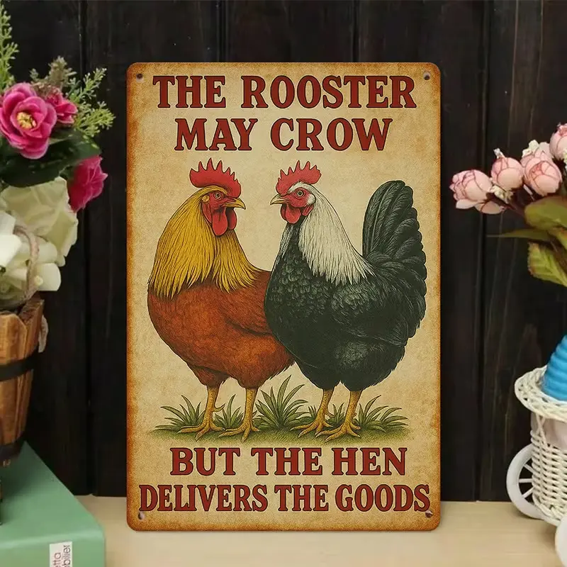 8x12 in Waterproof Vintage Rooster & Hen Metal Tin Sign - Funny Feminist Distressed Decorative Wall Plaque for Farmhouse Kitchen, Rustic Home Decor, Hanging Barn Patio Art
