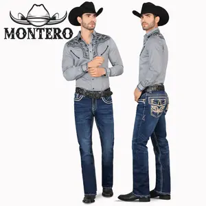 MONTERO MT4593 DK BLUE PREMIUM DENIM EMBROIDERY JEANS BEIGE BROWN STITCHING WITH FEUX LEATHER