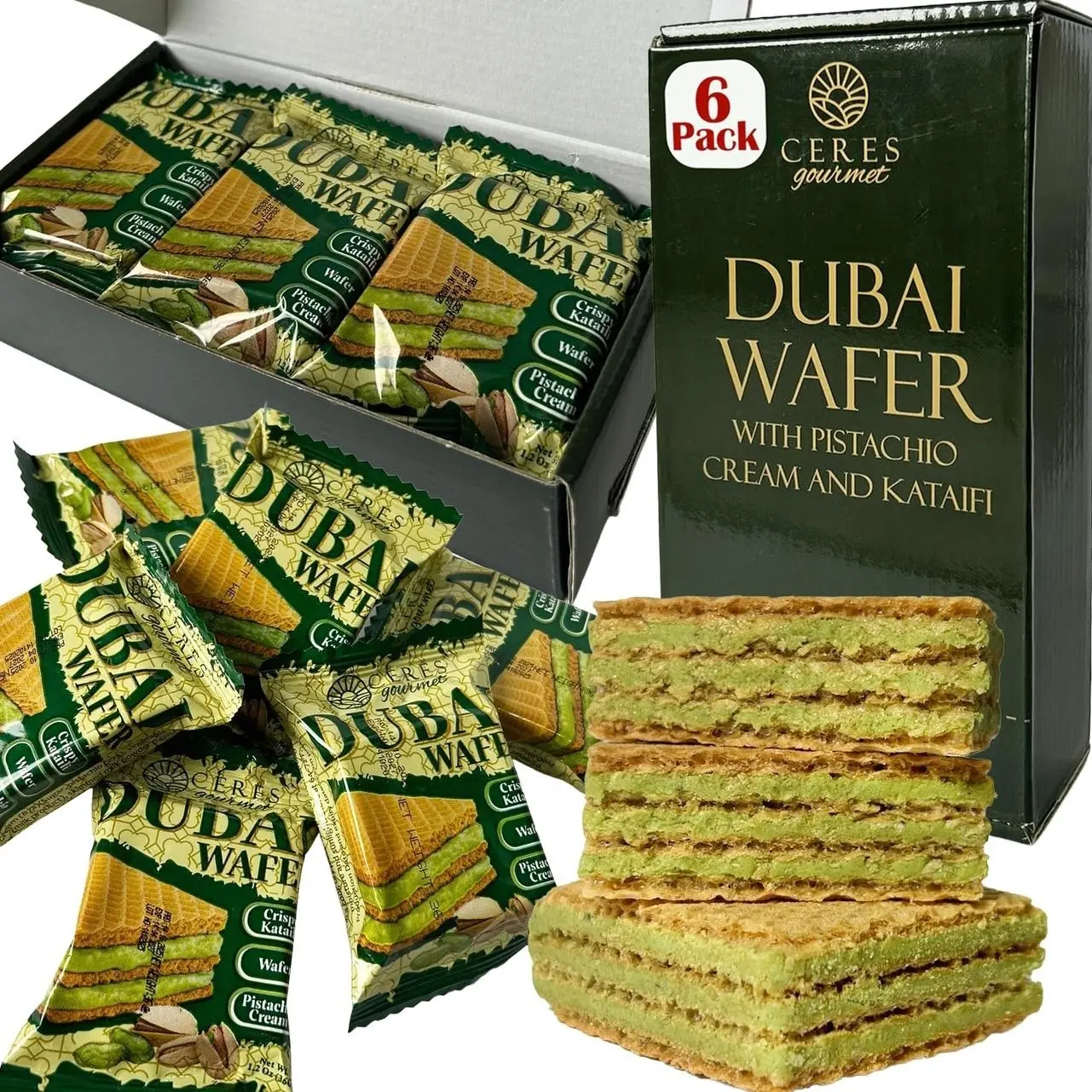 Ceres Gourmet Dubai Pistachio Wafer, 6 Pcs Crispy Kunafa Pistachio Wafer in Individually Pack – Gourmet Dubai Wafers for Christmas, Thanksgiving, and All Special Occasions