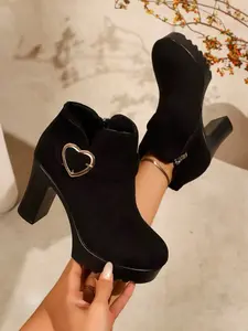 Women's Faux Suede Waterproof Platform Short Boots, Heart Buckle Chunky Heel Side Zipper, Fall Winter Casual Commuter Shoes