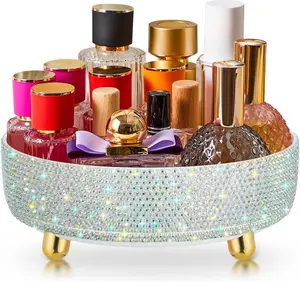 Bling Perfume Makeup Organizer Rhinestone Bathroom Organizers and Storage 360 Rotating Makeup Organizer for Countertop Women Girls Essentials(White,Rhinestone)