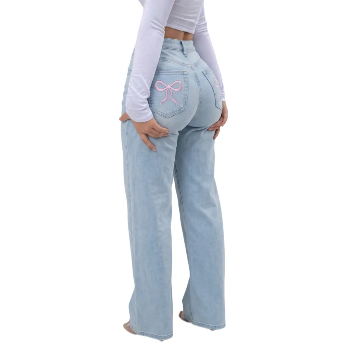 ONESO Womens Light Blue Straight Leg Jeans Red Embroidered Back Pockets Casual Denim Pants All Season Wear