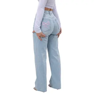 ONESO Womens Light Blue Straight Leg Jeans Red Embroidered Back Pockets Casual Denim Pants All Season Wear