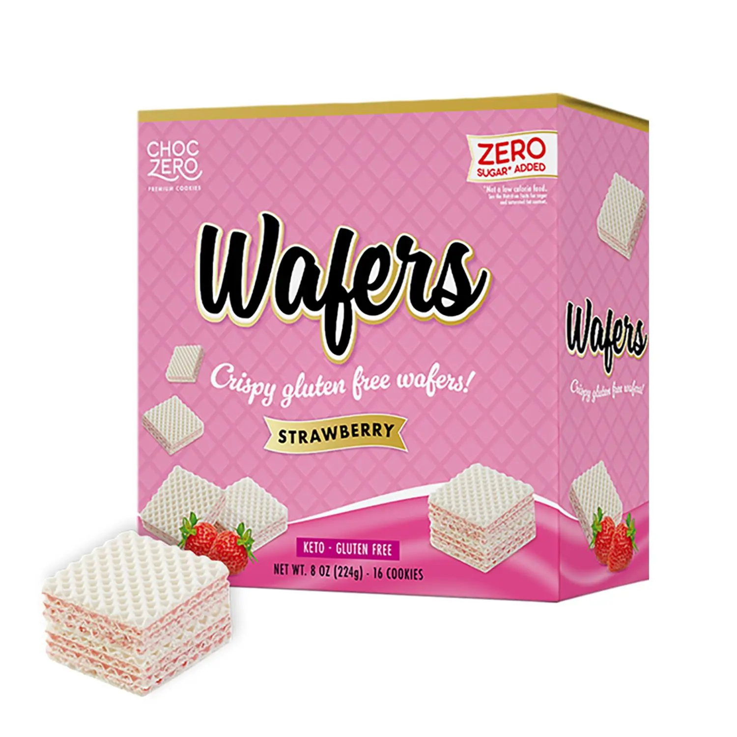 ChocZero Sugar Free Strawberry Wafer Cookies, No Sugar Alcohols, Keto, Gluten Free, High Fiber, 16 Count, 8 oz Box