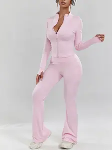 Women's Zipper Yoga Set, V-Neck Slim Fit Long Sleeve Jacket, Elastic High Waist Pants, Sporty Style, All Seasons, Gym Wear, Sports Zipper Suit, Date