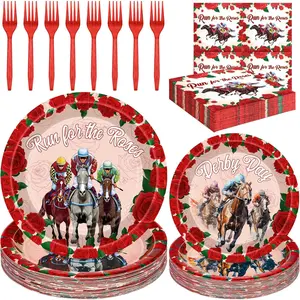 QZYL 96 PCS Derby Plates and Napkins Set, Disposable Kentucky Party Supplies Derby Decorations, Run for the Roses Paper Horse Plates Tableware for Horse Party Decorations,Serves 242026