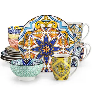 vancasso Jasmin 16-Piece Hand-Painted Arabic Style Dinnerware Set | Colorful Porcelain Plates, Bowls, and Mugs for 4 Tableware