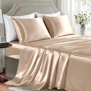 Sheets Queen Size - 4 Pieces Luxury Soft Bed Sheets, Wrinkle-Free Champagne Silk Sheet Set with 1 Deep Fitted Sheet, 1 Flat Sheet, 2 Pillow