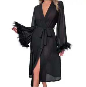 New silk-like feather long-sleeved bathrobe for women, comfortable lace-up sheer nightgown Nightwear Womenswear Loungewear