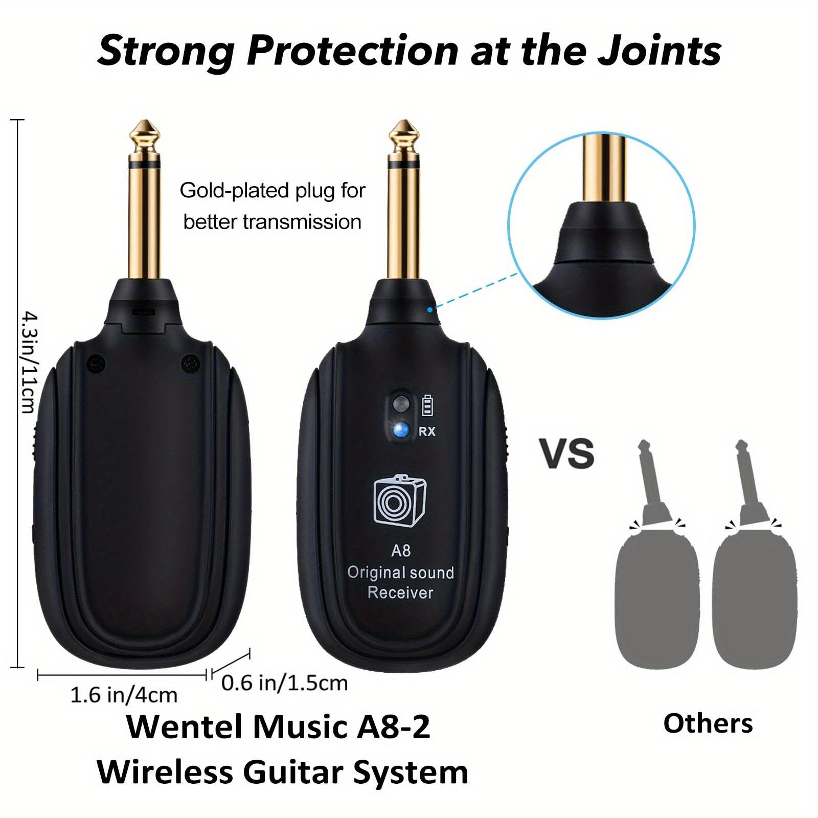 A8 Wireless Guitar System UHF 2 Modes, Rechargeable Li-Battery, 100ft Range, Plug & Play for Guitar, Bass, Violin, Keyboard - Black