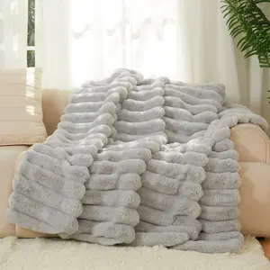 The Nantucket  - LuxeComfort Faux  Striped  50"x60" Pebble Grey - Luxuriously Soft Cozy Warm  for Women, Plush Silky Fuzzy Heavyweight Reversible Design  Decor