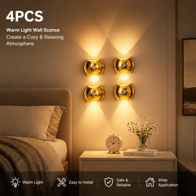Rechargeable Battery Operated Wall Sconces Set of 4 - Wireless LED Interior Lights, Motion Sensor, No-Drill Magnetic Mount, 3 Modes, Corner Design Decor for Bedroom, Hallway (Gold, Silver)