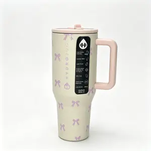 HydroJug 40oz Insulated Stainless Steel Tumbler with Handle, Cute Pink Bow Print Cream Travel Mug, Leakproof Flip Top Lid, Double Wall Vacuum Cold Water Cup Fits Car Cup Holder for Gym Office Daily Use