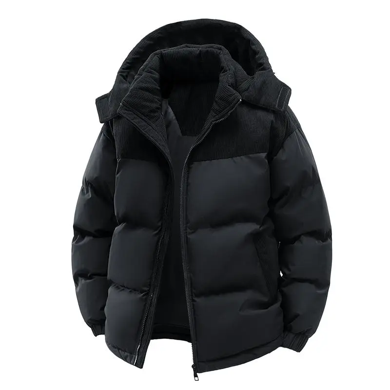 Two tone corduroy down jacket, beige and brown retro streetwear, winter warm jacket for men, casual khaki long sleeved warm jacket for men, color blocked thick cotton jacket, windproof, warm and cold proof high-quality