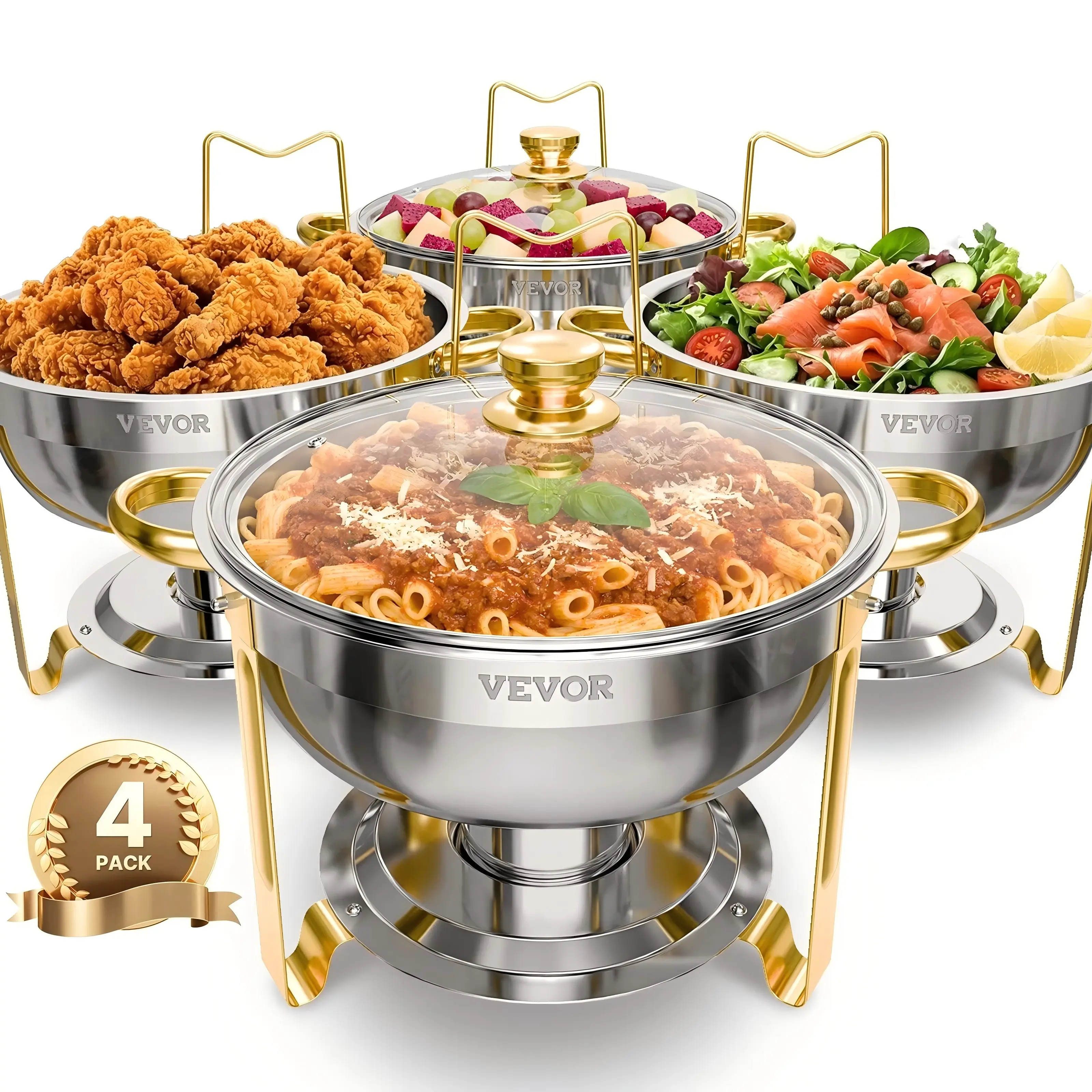 【Fallpicks】VEVOR 5 Qt 4 Pack Round Chafing Dish Buffet Set Full-Size Pan Stainless Steel Gold
