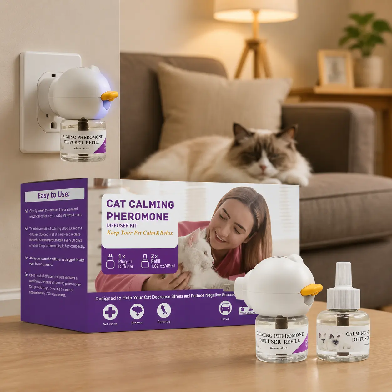 Pet mood calming pheromone diffuser — soothes cats and relieves stress; calming liquid with pheromones for anti-stress and prevention of inappropriate urination; electric heated set