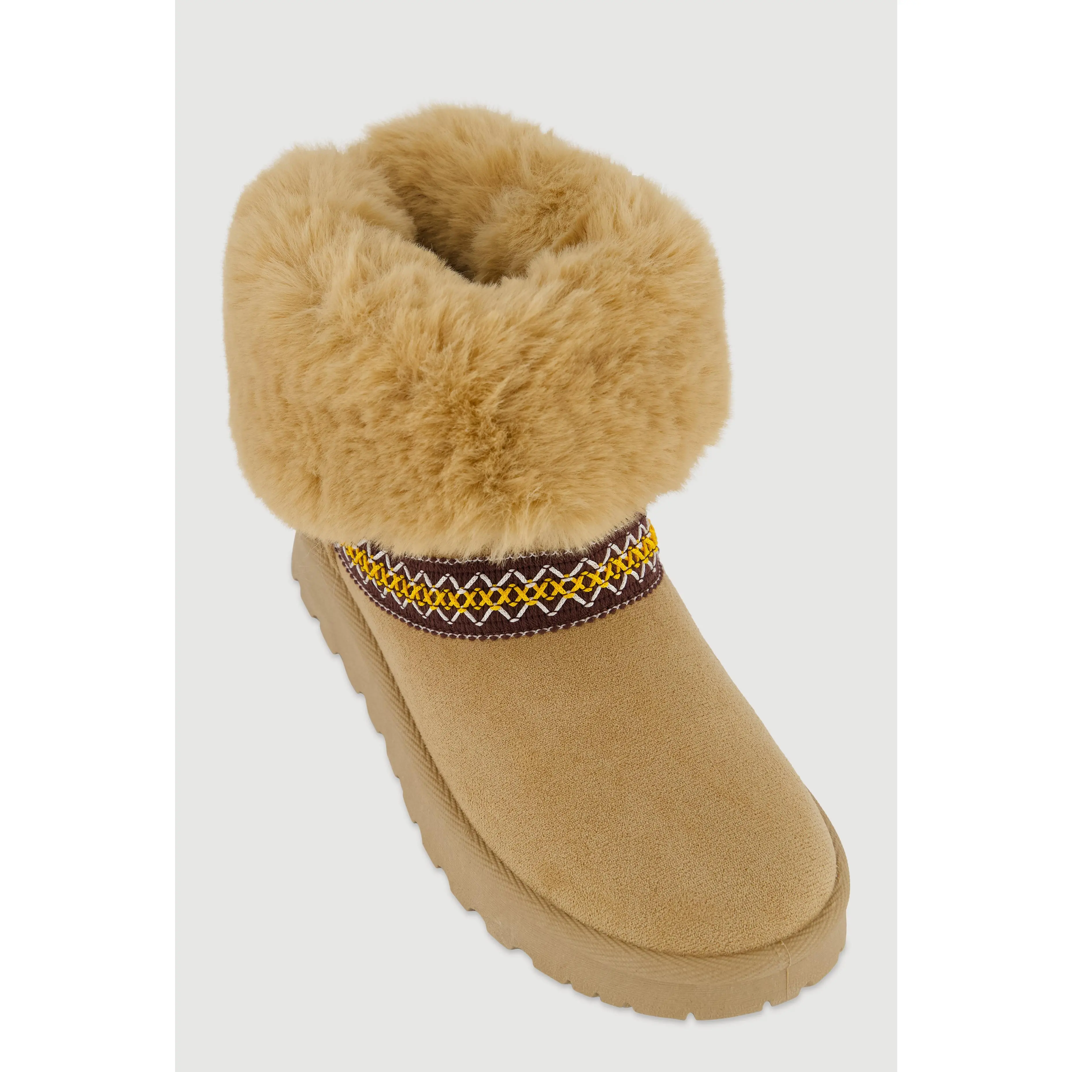 Embroidered Detail Faux Fur Cuff Ankle Boots