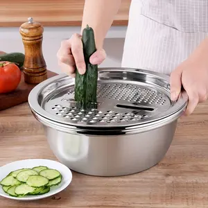 3 Piece Stainless Steel Kitchen Set with Integrated Grinder Multi Purpose Strainer Mixing Bowl Food Grade Drain System for Fruit Vegetable Cheese Cleaning Slicing Home Cooking