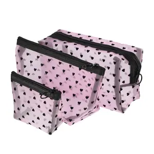3pcs Heart Shape Print Mesh Makeup Bag Zipper Clear Travel Pouch Organizer Pink, Holiday Christmas Gift Idea