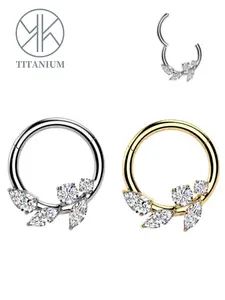 Astm F136 Titanium Amber Branch Cz Hinged Nose Ring, Hinged Nose Hoops, 16g Clicker Septum Piercing, Daith Helix Tragus Earrings, Body Jewelry