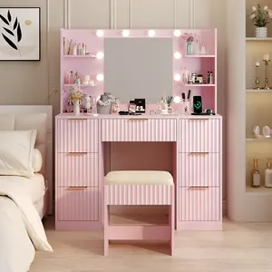 Ktaxon Pink Modern Fluted Makeup Vanity Desk with Mirror Lights Power Outlet 7 Drawers 4 Shelves Charging Station for Bedroom
