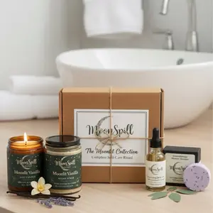 MoonSpill Studio Moonlit Everything Collection-Includes Candle, Sugar Scrub, Body Oil, & Shower Steamer Tablet