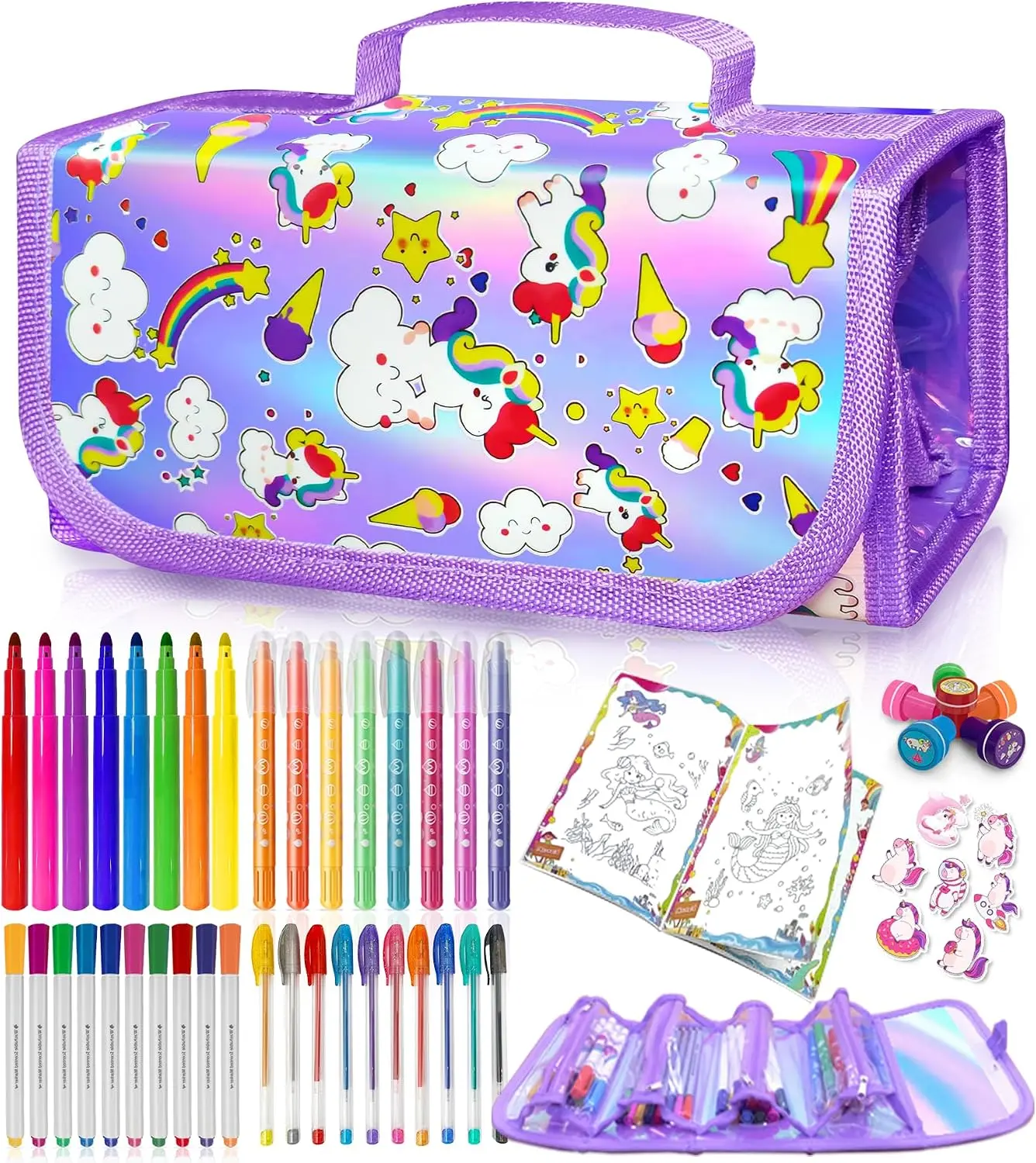 56 PCS Washable Scented Markers Coloring Kits with Glitter Pencil Case | Mermaid Unicorn Arts and Crafts for kids 4-6-8 Kids Drawing Set for 4-8 Years Old Girls Birthday Gifts