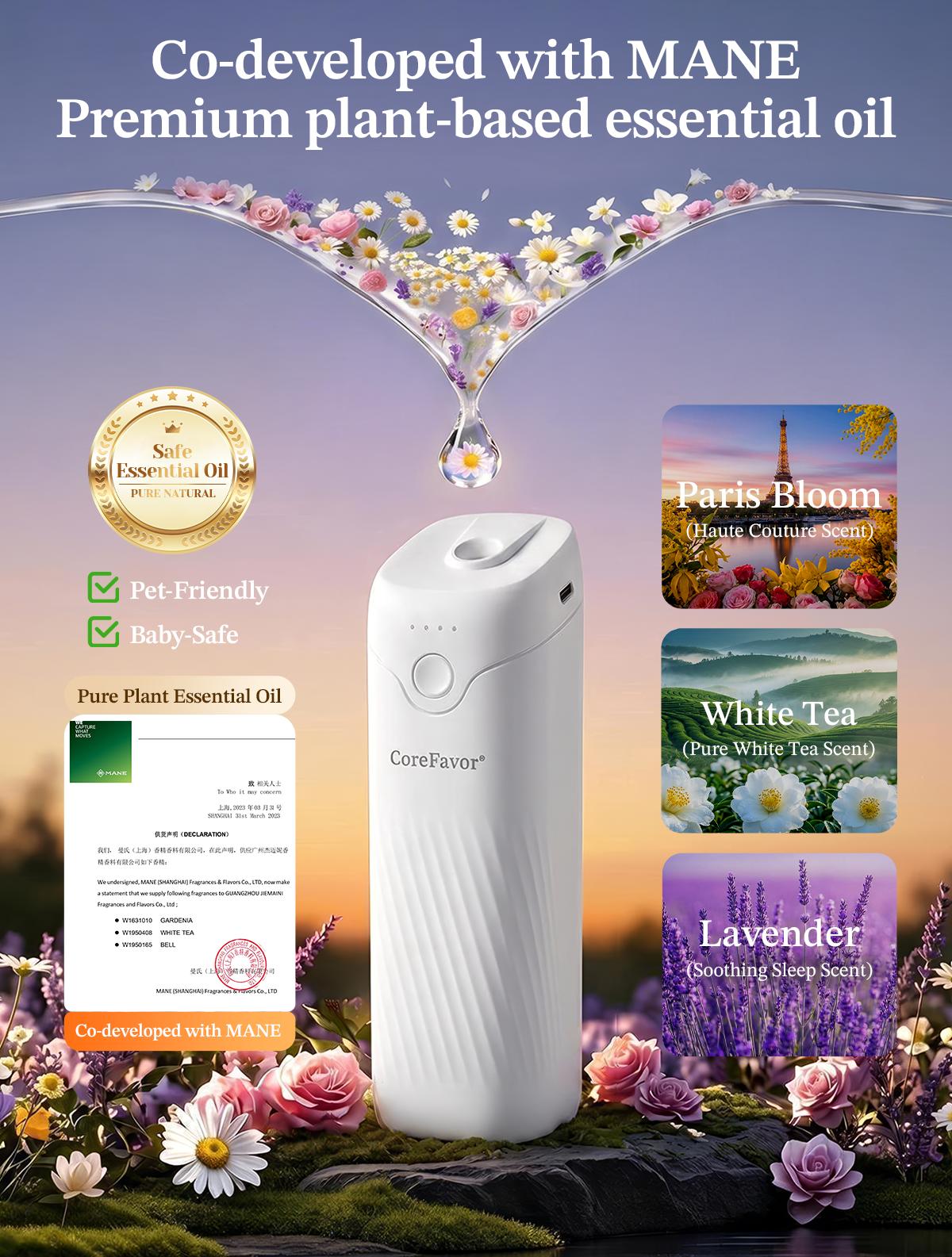 CoreFavor Waterless Essential Oil Diffuser - 120ml Cordless Compact Form Portable Unit, USB Rechargeable Batteries, Wall Mount, 4 Adjustable Fragrance Levels, Quiet Small Footprint Humidifier for Bathroom, Bedroom, 0.12L