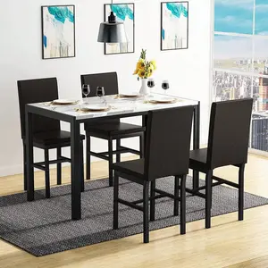 5-Piece Modern Indoor Dining Table Set - Faux Marble Top Metal Frame Rectangular Table, 4 Faux Leather Upholstered Dining Chairs for Kitchen