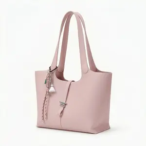 Chic Blush Pink Genuine Leather Tote Bag Minimalist Aesthetic Shoulder Purse for Women