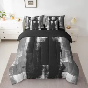 Feelyou 7-Piece Black Abstract Ombre Bedding Set - Breathable Graffiti Art Microfiber Comforter & Sheets, Hippie Grunge Watercolor Oil Painting Design, Machine Washable, Retro Black White Grey, Comforter Set King, Multi-Size