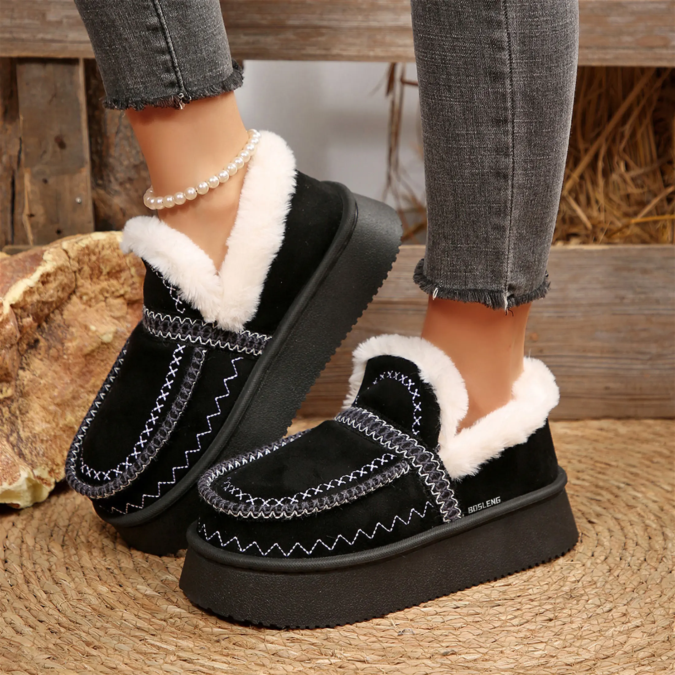 Women's Winter Slip - Ons Plush Fleece Interior Loafers Trendy Stitching Detail & Thick Sole Indoor Outdoor Shoes