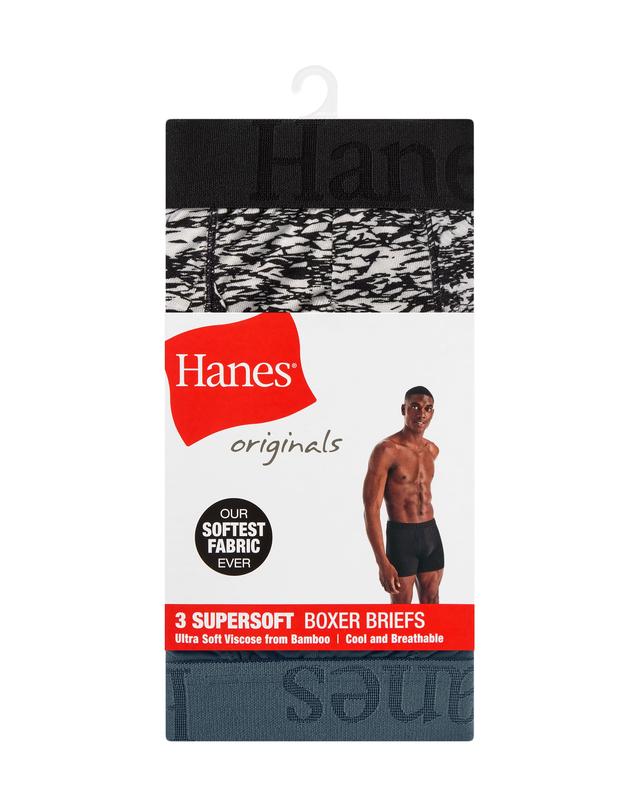 Hanes Originals Men's SuperSoft Boxer Brief Underwear, Viscose from Bamboo, Black/Grey/Print, 3-Pack