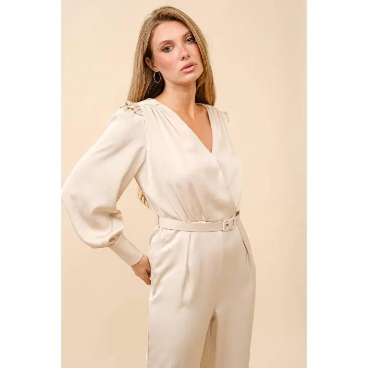 Satin long sleeve belted jumpsuit