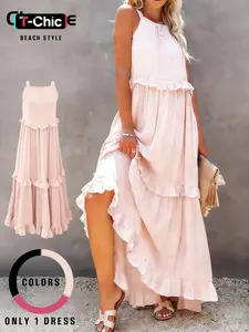 Women's Maxi Dress with Ruffle Hem, Loose Fit Basic Casual Summer Dress, Plain Pattern, All Seasons Wear, Vacation Style