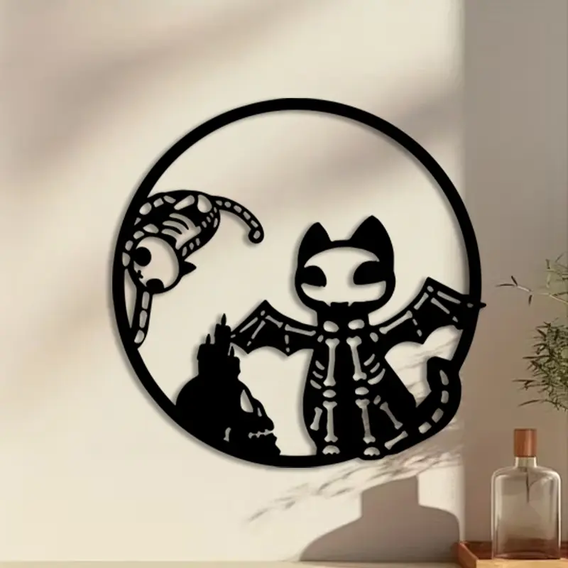 1pc Skeleton Cat Metal Wall Art, Skeleton Cat Statue Mural, Perfect for Living Room Wall, Halloween Decor, Ideal Gift for Horror Lovers, Black Powder-Coated Metal