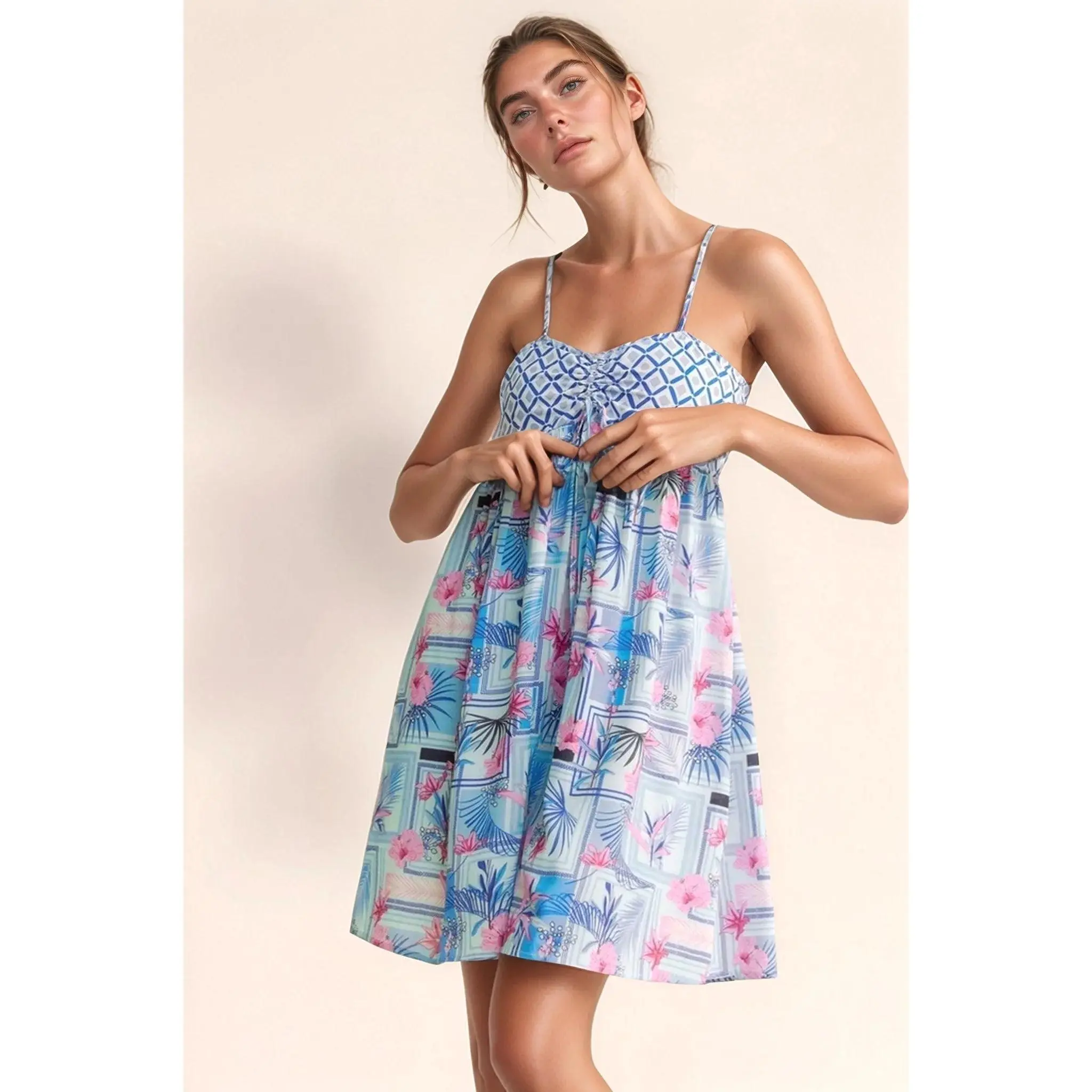 Davi & Dani Tropical Floral Geo Print Tie Back Tube Top Romper