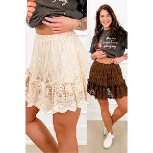 Plus/Reg Lace Elastic Waist Tiered Mini Skort