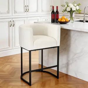 Barrel Bar Stool, Modern Counter Height Barstools with Linen Fabric Upholstered Seat, 350lbs Capacity Kitchen Island Chair, Bar Stools with Metal Sled Base and Footrest for Living Room