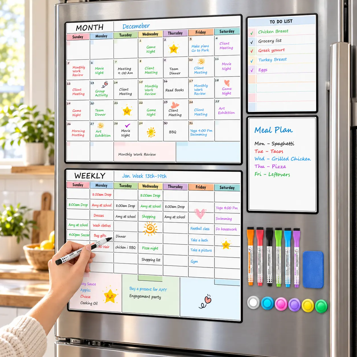 MaxGear Magnetic Dry Erase Calendar Whiteboard for Refrigerator - September Chalk Board Calendar-4 Planning Boards (Monthly, Weekly Family Planner, To-Do, Blank Surface), 6 Markers, 6 Magnets, 1 Easy Erasing Tool for Tracking Tasks