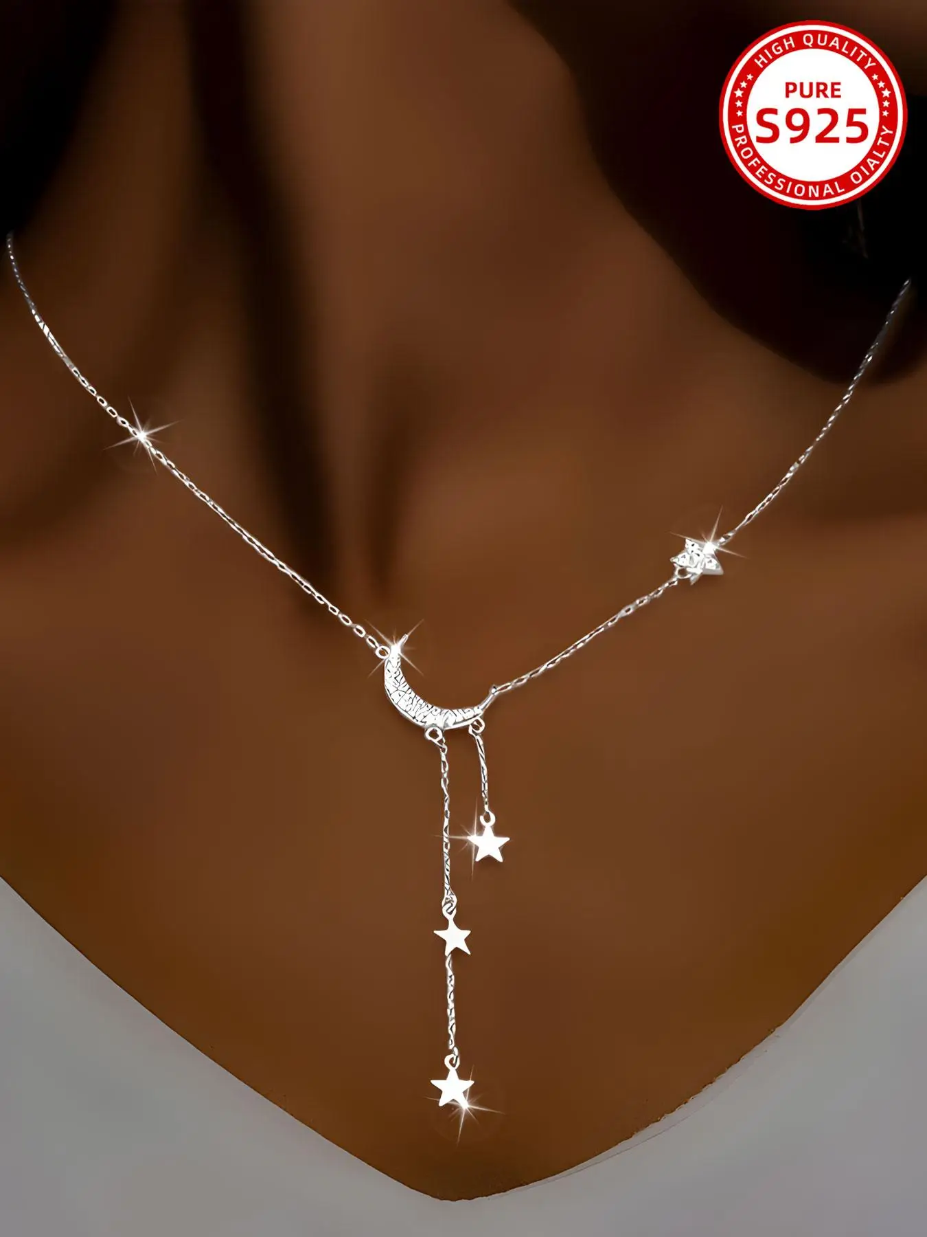 925 Sterling Silver Women's Elegant Star & Moon Design Necklace, Exquisite Trendy Pendant Necklace, Chic Jewelry As Gift for Girlfriend
