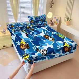 3Pcs Cartoon Characters Fitted Sheet Set, Bedding Sets, Blue Camouflage Bedding Design with Giraffes, Pandas, Elephants, Ideal for Kids' Rooms, Soft and Durable Fabric for a Whimsical Sleep Space, Lncludes 1 Fitted Sheet, With 2 Coreless Pillo