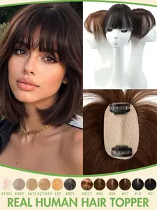 Women's Real Human Hair 5*9cm Topper with Bangs Silk Base Handmade Clip-In Hairpiece Covers Gray, Adds Volume Straight Brown Hair Topper for Thinning Hair