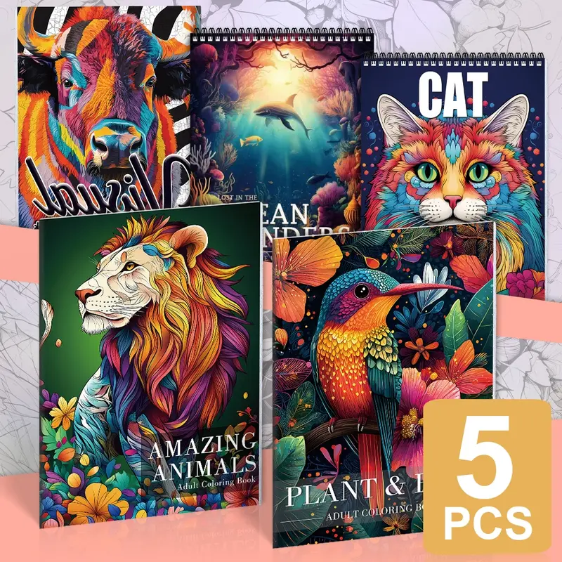 5-Pack Animal Theme Coloring Book Set for Adults – Anti-Stress Relaxation Activity with Thick, Intricate Designs for Stress Relief, Creativity, Fun, Coloring Pleasure | Perfect for Holidays, Christmas, and Parties | Easy and Simple Patterns