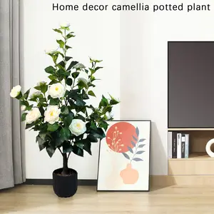 Artificial Camellia Tree Silk Faux Plant 3 feet tall For indoor and outdoor decoration Faux potted tree Featuring lifelike camellia blossoms and eucalyptus-leafed trunk